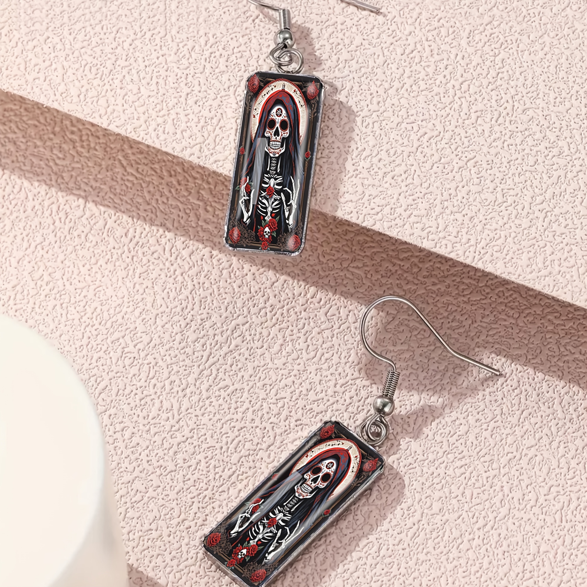 Holy Death Skull Rose Pattern Long Earrings, Bohemian Style